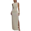 Mesh Maxi Dress Round Neck Backless Pleated Sleeveless Split Slim Evening Gowns(White)