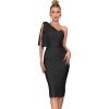 Mesh One Shoulder Bow Bodycon Midi Graduation Birthday Dinner Dress Bandage Party Dress(A-black)