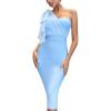 Mesh One Shoulder Bow Bodycon Midi Graduation Birthday Dinner Dress Bandage Party Dress(A-iceblue)