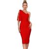 Mesh One Shoulder Bow Bodycon Midi Graduation Birthday Dinner Dress Bandage Party Dress(A-red)