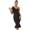 Mesh One Shoulder Bow Midi Dress Fishtail Bandage Cocktail Party Wedding Bridesmaid Evening Gown(A-black)