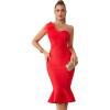 Mesh One Shoulder Bow Midi Dress Fishtail Bandage Cocktail Party Wedding Bridesmaid Evening Gown(A-red)
