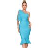 Mesh One Shoulder Bow Midi Dress Fishtail Bandage Cocktail Party Wedding Bridesmaid Evening Gown(A-skyblue)