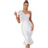 Mesh One Shoulder Bow Midi Dress Fishtail Bandage Cocktail Party Wedding Bridesmaid Evening Gown(A-white)