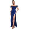 Off Shoulder with Feather Dress Sleeveless Long Dress Prom Dress High Slit Mermaid Formal Evening Gown(Navy)