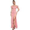 Off Shoulder with Feather Dress Sleeveless Long Dress Prom Dress High Slit Mermaid Formal Evening Gown(Pink)