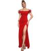 Off Shoulder with Feather Dress Sleeveless Long Dress Prom Dress High Slit Mermaid Formal Evening Gown(Red)