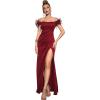 Off Shoulder with Feather Dress Sleeveless Long Dress Prom Dress High Slit Mermaid Formal Evening Gown(Wine)