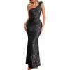 One Shoulder Formal Evening Gowns Sequin Mermaid Maxi Dress for Wedding Guest(C-black)