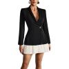 Pleated Blazer Mini Dress V-Neck Mature-Chic Workwear Skirt(Black)
