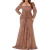 Plus Size Long Sleeve Sequin Formal Evening Dress Square Neck Mermaid Night Party Dresses(A-camel)