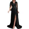 Plus Size Sequins Dress Flare Sleeve V Neck Maxi Dress Side Split Formal Prom Eevening Gowns(A-black)