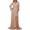 Plus Size Sequins Dress Flare Sleeve V Neck Maxi Dress Side Split Formal Prom Eevening Gowns(A-champagne)