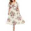 Plus Size Summer Floral Short Sleeve Midi Sun Dress Pleated Holiday Long Dress Beach Wedding Guest Dress(Offwhite)