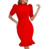 Puff Sleeve Bandage Dress Mermaid Tight Fitting Midi Formal Dresses for Women(A-red)
