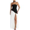 Strapless Bridesmaid Dresses with Scarf Long Maxi Dresses with Slit Formal Evening Gowns(Black)