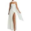 Strapless Bridesmaid Dresses with Scarf Long Maxi Dresses with Slit Formal Evening Gowns(White)