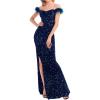 Women Off Shoulder Formal Dress with Feather Sparkly Gatsby Sequin Dress V Neck Maxi Dress(A-navy)