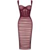 Women Shoulder Strap Midi Wedding Guest Dress Mesh Velvet Ruched Cocktail Party Dress(O-wine)