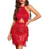 Women’s Backless Cocktail Dress – Flapper 20s Gatsby Fringe Mini Feather Prom Party Dress(A-red)