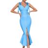 Women’s Bow Strap Fishtail Dress Pearl Slit Midi Bodycon Bandage Dress for Wedding Guest Cocktail Party Dress(B-lakeblue)