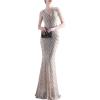 Women’s Full Sequins Dress V Neck Sleeveless with Tassel Beads Glitter Maxi Gown Evening Gowns Long Prom Dress(A-beige Silver)