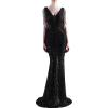 Women’s Full Sequins Dress V Neck Sleeveless with Tassel Beads Glitter Maxi Gown Evening Gowns Long Prom Dress(A-black)