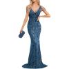 Women’s Full Sequins Dress V Neck Sleeveless with Tassel Beads Glitter Maxi Gown Evening Gowns Long Prom Dress(A-blue)