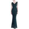 Women’s Full Sequins Dress V Neck Sleeveless with Tassel Beads Glitter Maxi Gown Evening Gowns Long Prom Dress(A-green)