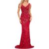 Women’s Full Sequins Dress V Neck Sleeveless with Tassel Beads Glitter Maxi Gown Evening Gowns Long Prom Dress(A-red)