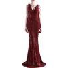Women’s Full Sequins Dress V Neck Sleeveless with Tassel Beads Glitter Maxi Gown Evening Gowns Long Prom Dress(A-wine)