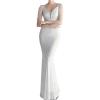 Women’s Full Sequins Dress V Neck Sleeveless with Tassel Beads Glitter Maxi Gown Evening Gowns Long Prom Dress(B-white)