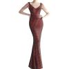 Women’s Full Sequins Dress V Neck Sleeveless with Tassel Beads Glitter Maxi Gown Evening Gowns Long Prom Dress(B-wine)