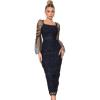 Women’s Mesh Long Sleeve Pleated Party Dress Lace Midi Swing Chiffon Dresses(Black)