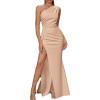 Womens One Shoulder Long Formal Dress Sleeveless High Slit Maxi Bodycon Dress Ruched Dresses for Wedding Gues(A-beige)