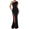 Womens One Shoulder Long Formal Dress Sleeveless High Slit Maxi Bodycon Dress Ruched Dresses for Wedding Gues(A-black)