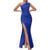 Womens One Shoulder Long Formal Dress Sleeveless High Slit Maxi Bodycon Dress Ruched Dresses for Wedding Gues(A-blue)