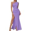 Womens One Shoulder Long Formal Dress Sleeveless High Slit Maxi Bodycon Dress Ruched Dresses for Wedding Gues(A-purple)