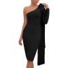Women’s One Shoulder Long Sleeve Bandage Dress Tie Midi Bodycon Evening Party Celebration Dress(Black)
