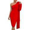 Women’s One Shoulder Long Sleeve Bandage Dress Tie Midi Bodycon Evening Party Celebration Dress(Red)
