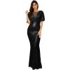 Women’s Sequin Glitter Mesh Batwing Sleeve Maxi Gown Long Prom Dress(Black)