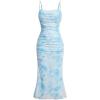 Women’s Sleeveless Midi Cocktail Party Dress Ruched Bodycon Mesh Wedding Guest Dress(A-blue)