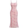 Women’s Sleeveless Midi Cocktail Party Dress Ruched Bodycon Mesh Wedding Guest Dress(A-pink)