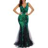 Women’s Sleeveless Sequins Dresses Mesh Mermaid Maxi Prome Party Dress Wedding Evening Dress(A-peacockgreen)