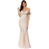 Women’s Straps Sequins Glitter Ruffled Mesh Maxi Gown Evening Long Prom Dress(Beige)