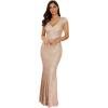 Women’s V Neck Sequin Formal Evening Dress Tassel Bead Sleeve Mermaid Long Gown 1920S Party Maxi Military Dress(A-beige)