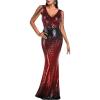 Women’s V Neck Sequin Formal Evening Dress Tassel Bead Sleeve Mermaid Long Gown 1920S Party Maxi Military Dress(B-black&red)