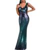 Women’s V Neck Sequin Formal Evening Dress Tassel Bead Sleeve Mermaid Long Gown 1920S Party Maxi Military Dress(B-blue&green)