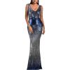 Women’s V Neck Sequin Formal Evening Dress Tassel Bead Sleeve Mermaid Long Gown 1920S Party Maxi Military Dress(B-blue&silver)