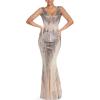 Women’s V Neck Sequin Formal Evening Dress Tassel Bead Sleeve Mermaid Long Gown 1920S Party Maxi Military Dress(Colorful Beige)